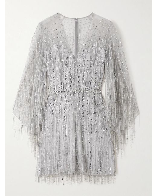 Jenny Packham Gray Oberon Ammonite Embellished Fringed Organza Mini Dress