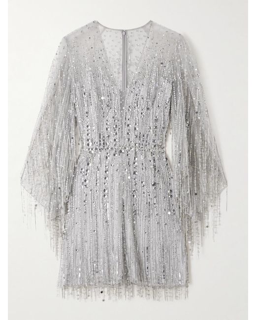Jenny Packham Gray Oberon Ammonite Minikleid Aus Organza Mit Verzierungen Und Fransen