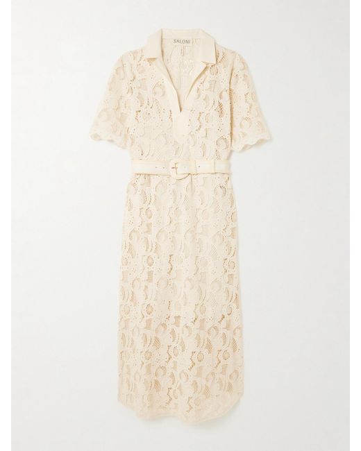 Saloni Natural Suni Belted Broderie Anglaise Cotton Midi Dress
