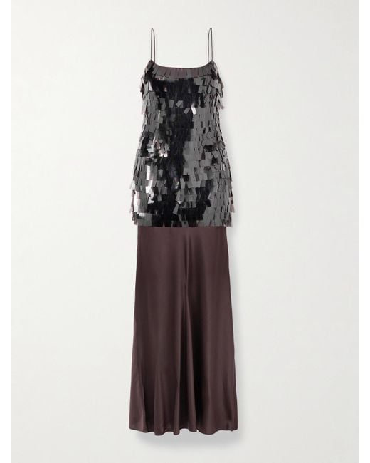 Staud Brown Mesa Paillette-Embellished Mesh And Silk-Blend Satin Maxi Dress