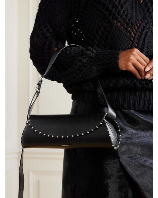 Jil Sander Black Cannolo Kleine Schultertasche Aus Leder Mit Verzierung
