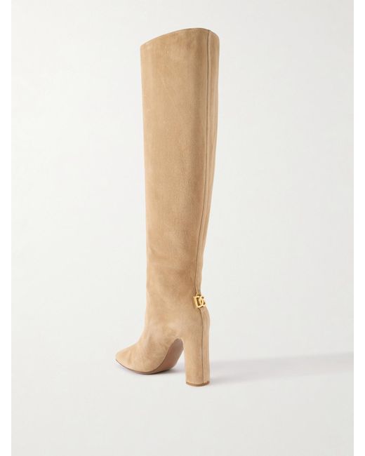 Dolce & Gabbana White Kniehohe Stiefel Aus Veloursleder Mit Verzierung