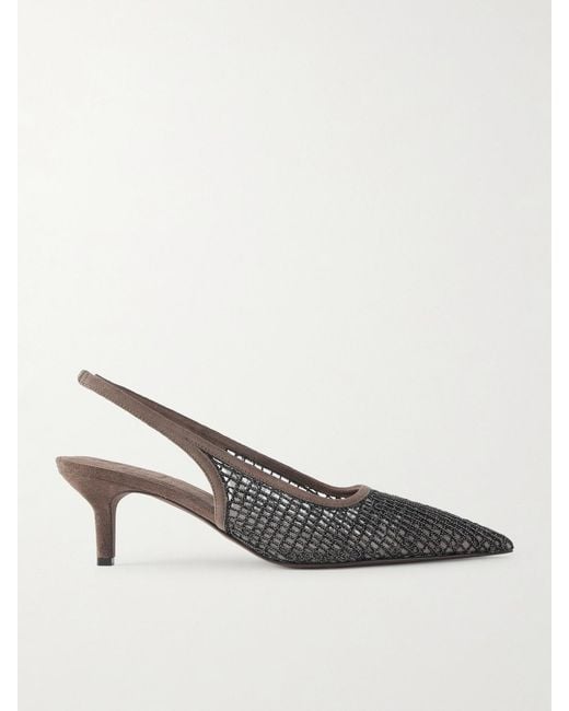 Brunello Cucinelli Brown Embellished Suede-Trimmed Mesh Slingback Pumps