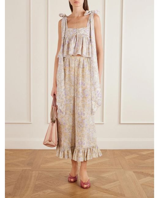 Chloé Natural Ruffled Floral-Print Silk-Charmeuse Wide-Leg Pants