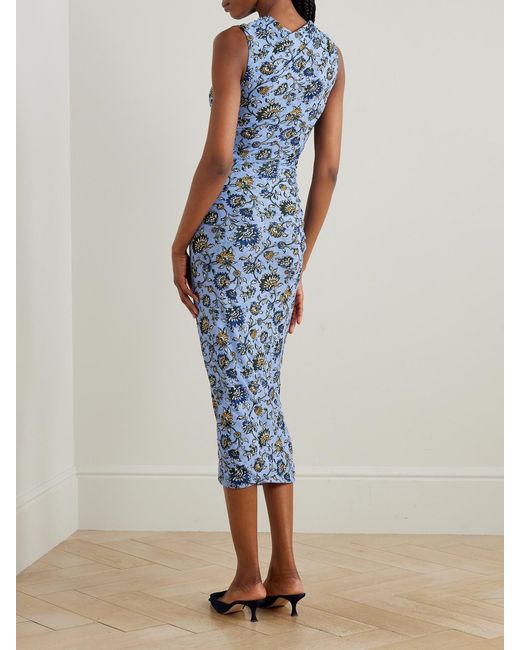 Veronica Beard Blue Sylviani Ruched Floral-Print Stretch-Tulle Midi Dress