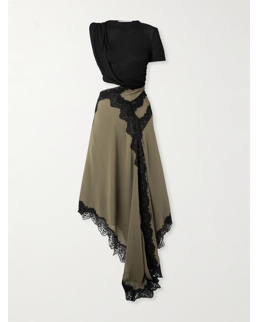 Christopher Esber Green Verve Asymmetrisches Kleid Aus Geripptem Jersey Und Seiden-Georgette Mit Spitzenbesätzen