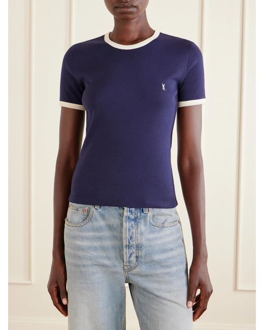 Saint Laurent Blue Cassandre-Embroidered Cotton-Jersey T-Shirt