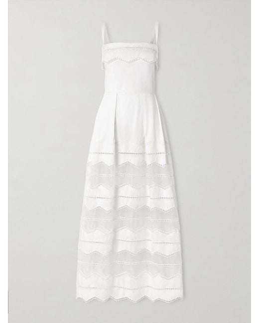 Elie Saab White Organza-Trimmed Embroidered Cotton-Blend Poplin Midi Dress