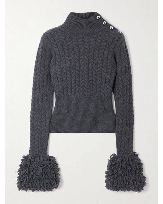 Patou Blue Cropped Fringed Cable-Knit Merino Wool And Cashmere-Blend Sweater