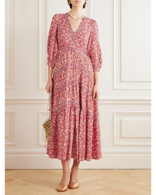 Loretta Caponi Pienza Tiered Lace-Trimmed Floral-Print Lyocell Midi Dress