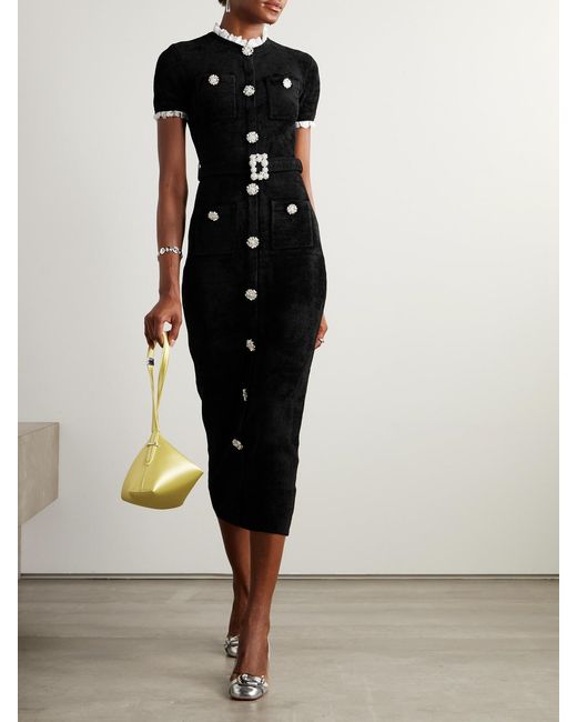 Self-Portrait Black Crystal-Embellished Lace-Trimmed Chenille Midi Dress