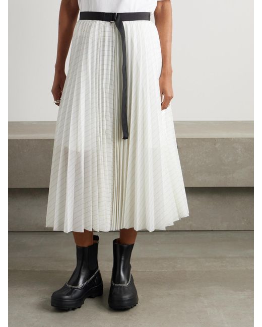 Sacai Belted Pleated Striped Voile Midi Skirt in White | Lyst
