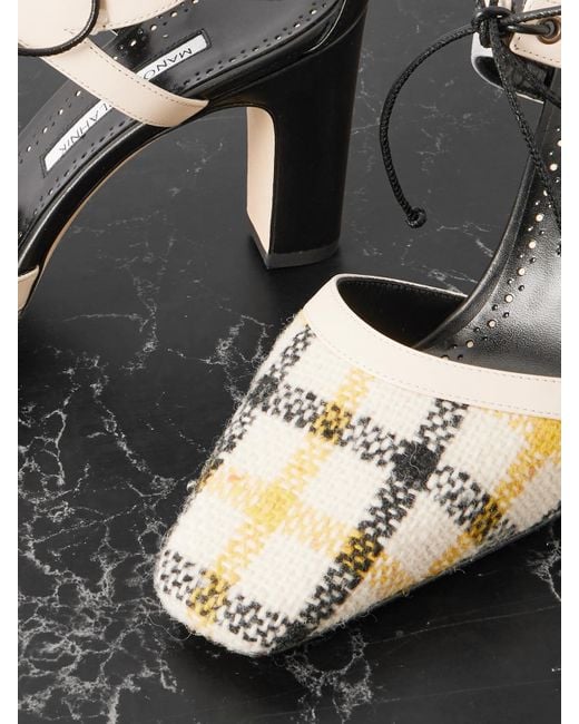 Manolo Blahnik Black Subura Leather-Trimmed Checked Wool Pumps