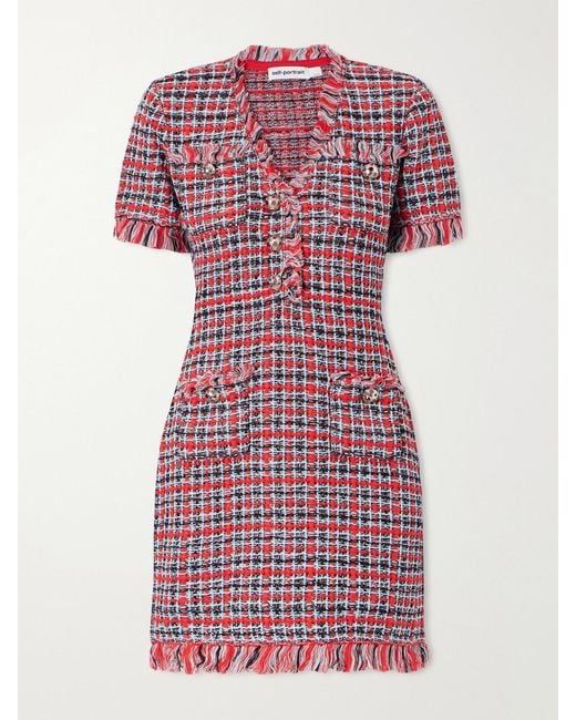 Self-Portrait Red Checked Frayed Cotton-Blend Mini Dress