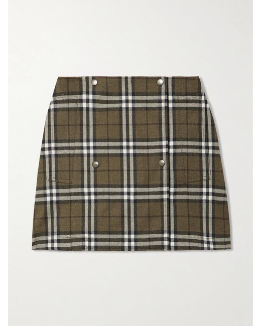 Burberry Green Minirock Aus Kariertem Woll-Twill Mit Zierknöpfen