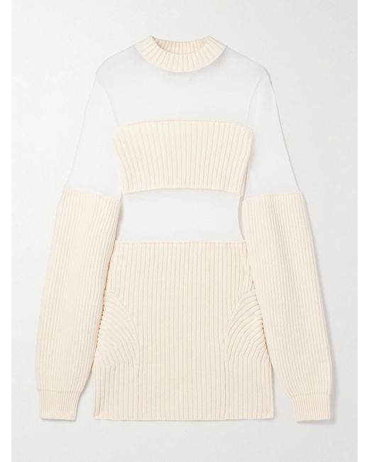Jean Paul Gaultier Natural Paneled Ribbed Wool And Mesh Mini Dress