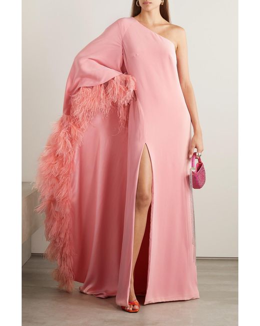 Monique Lhuillier Pink One-Sleeve Feather-Trimmed Silk-Crepe Gown