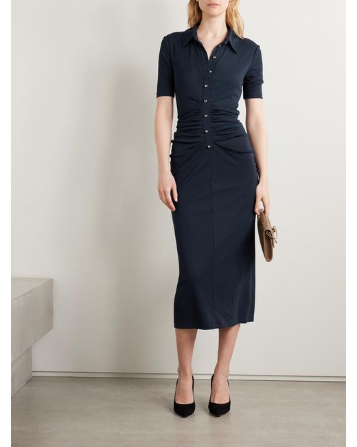 Carolina Herrera Blue Ruched Stretch-Jersey Midi Shirt Dress