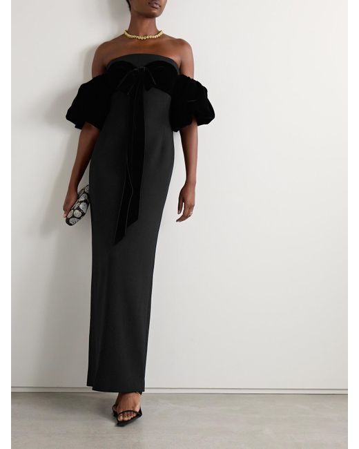 Oscar de la Renta Black Off-The-Shoulder Velvet-Trimmed Wool-Blend Cady Maxi Dress