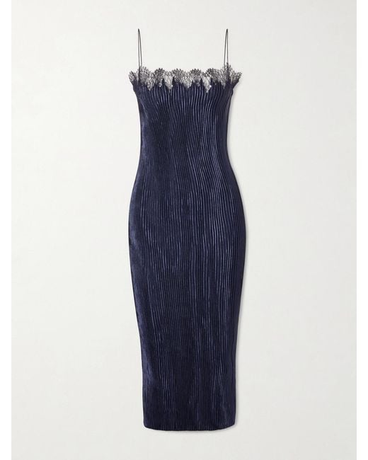 FFORME Blue Lumi Lace-Trimmed Plissé Midi Dress