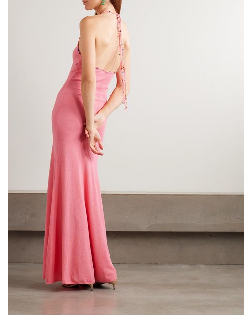 Christopher Esber Pink Embellished Cotton-Blend Bouclé Halterneck Maxi Dress