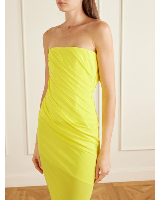 Alex Perry Yellow Draped Mesh Midi Dress