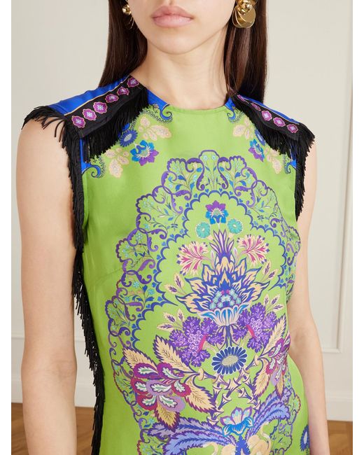 LaDoubleJ Green Fringed Asymmetric Printed Silk Midi Dress