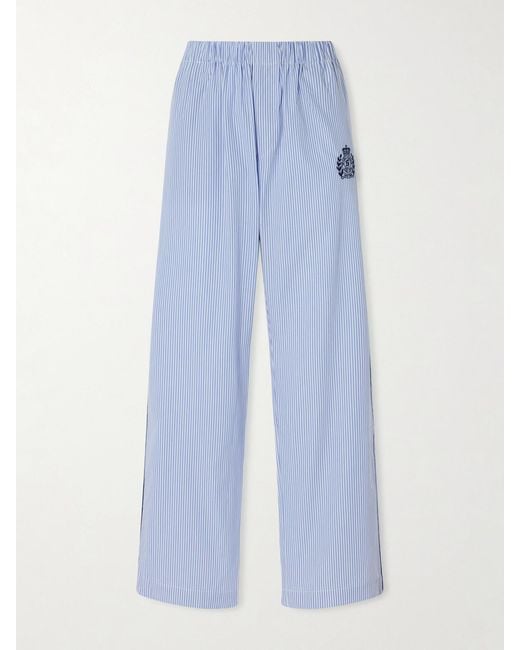 Sporty & Rich Blue Embroidered Striped Cotton-Poplin Pajama Pants