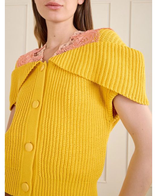 Chloé Yellow Lace-Trimmed Ribbed-Knit Cotton Cardigan