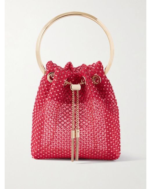 Jimmy Choo Red Bon Bon Crystal-Embellished Mesh Bucket Bag