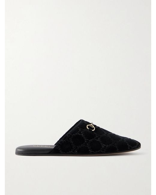 Gucci Black Slippers Aus Samt Mit Horsebit-Detail Und Kristallen