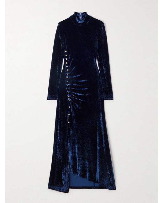 Rabanne Blue Asymmetric Ruched Embellished Velvet Turtleneck Dress