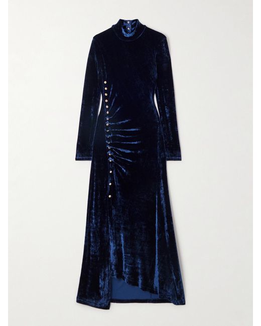 Rabanne Blue Asymmetric Ruched Embellished Velvet Turtleneck Dress