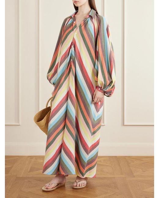 Marrakshi Life White The Balloon Sleeve Touareg Striped Cotton Maxi Dress