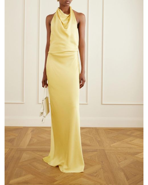 Jonathan Simkhai Yellow Reannon Draped Satin Halterneck Gown