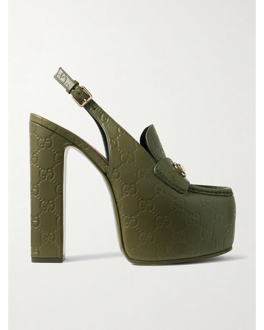 Gucci Green Horsebit-Embellished Logo-Debossed Leather Platform Slingback Pumps