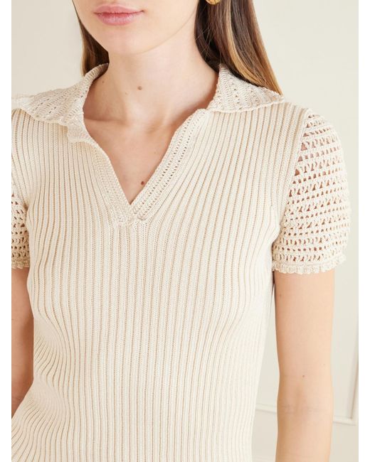Magda Butrym Natural Crochet-Trimmed Ribbed Cotton Polo Shirt