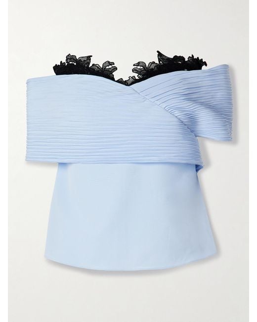 Kika Vargas Blue Penelope Off-The-Shoulder Guipure Lace-Trimmed Plissé-Crepe De Chine Top