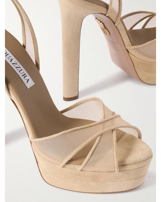 Aquazzura Natural Divine Plateau 130 Suede And Tulle Platform Sandals