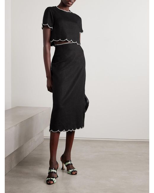 Zimmermann Black Crush Crystal-Embellished Scalloped Linen Midi Skirt