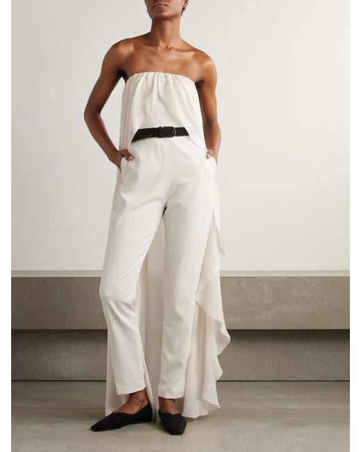 Abadia White Liya Trägerloser Jumpsuit Aus Popeline Mit Cape-Effekt Und Chiffonbesatz