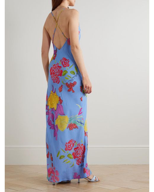 Donde Esteban White Cielo Floral-Print Satin Maxi Dress