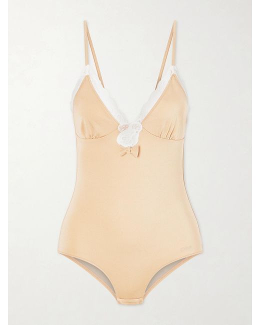 Chloé Natural Bow-Detailed Lace-Trimmed Stretch-Jersey Bodysuit