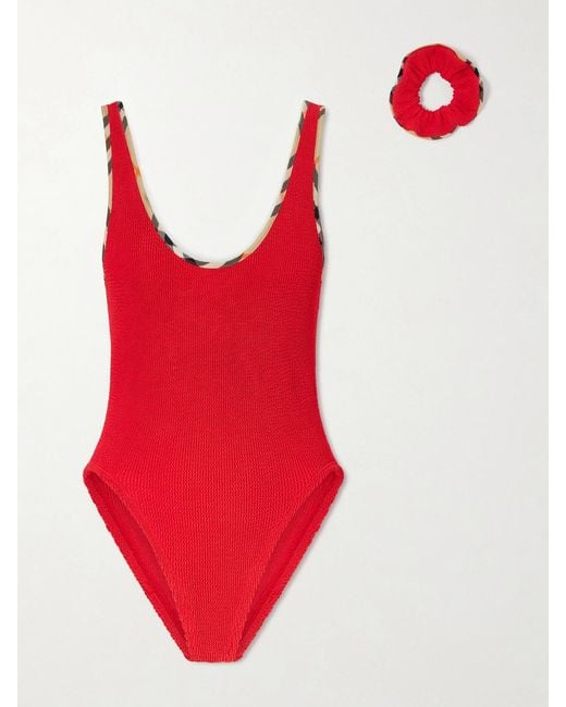 Burberry Red Hunza G Faye Checked Original Crinkle Swimsuit