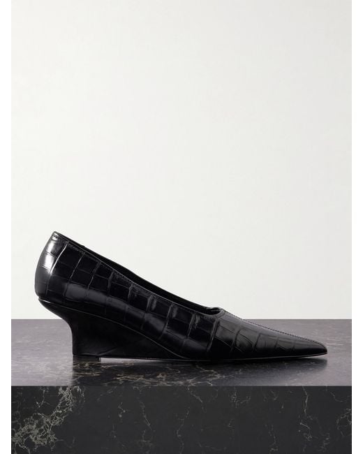 Totême Black Croc-Effect Leather Wedge Pumps