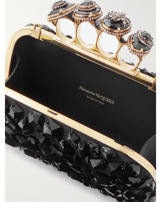 Alexander McQueen Black Skull Ring Knuckle Embellished Satin Clutch