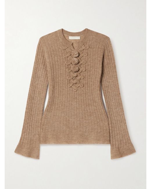 Ulla Johnson Natural Magda Pompom-Detailed Ribbed Alpaca-Blend Sweater
