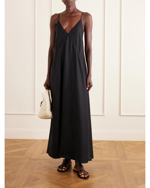 Another Tomorrow Black Knotted Paneled Linen Maxi Dress
