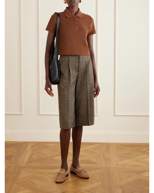 Saint Laurent Brown Cassandre-Embroidered Cropped Cotton-Piqué Polo Shirt