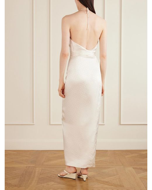 Aflalo White Nourin Polka-Dot Knotted Satin-Jacquard Halterneck Maxi Dress